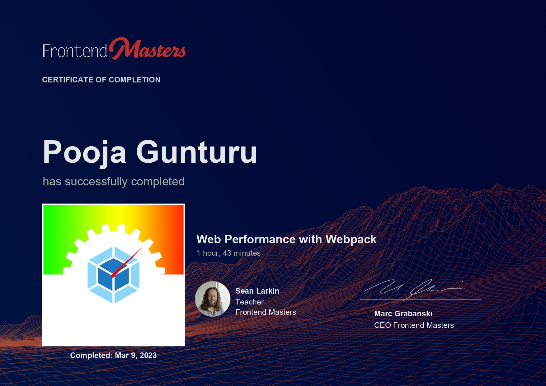 Certificate of completion for Web Performance with Webpack