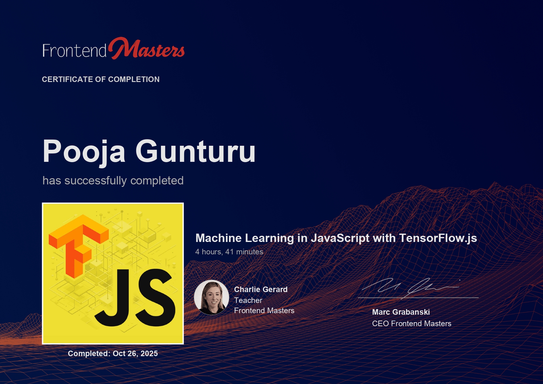 Certificate of completion for Machine Learning in JavaScript with TensorFlow.js