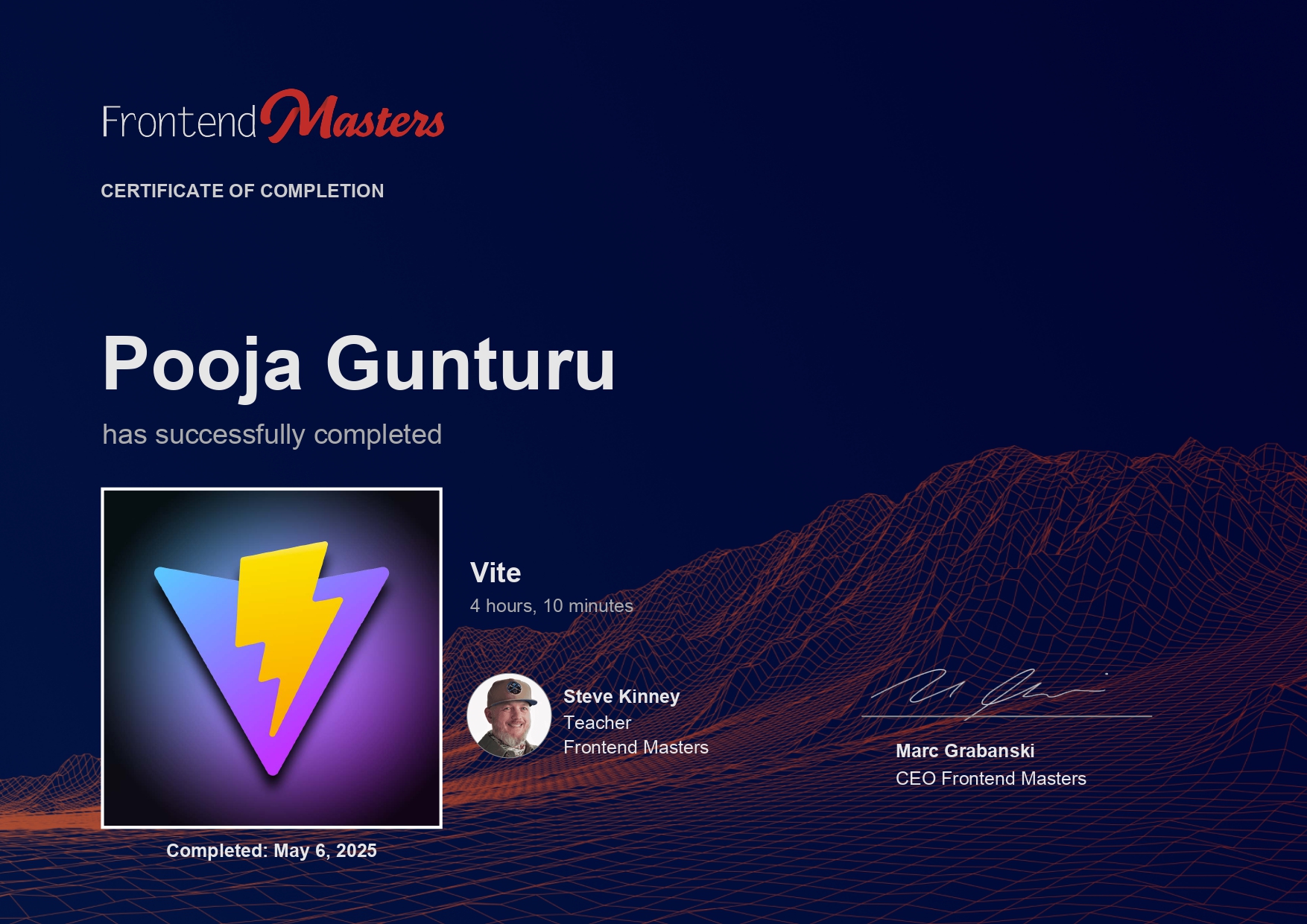 Certificate of completion for Vite