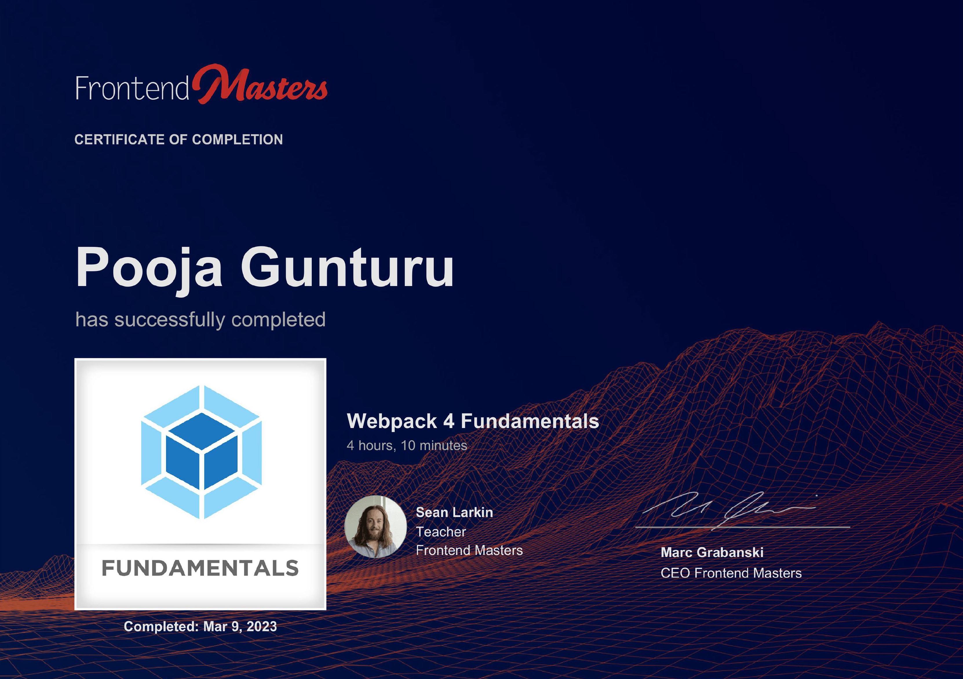 Certificate of completion for Webpack 4 Fundamentals